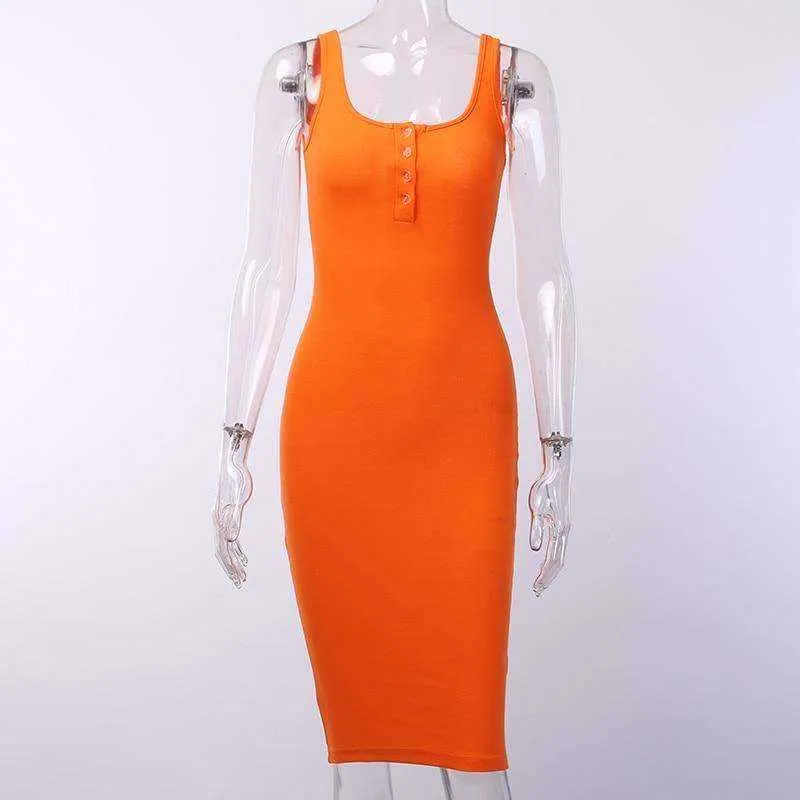 Knitted Elastic V-Neck Button Sleeveless Knee-Length Slim Dress