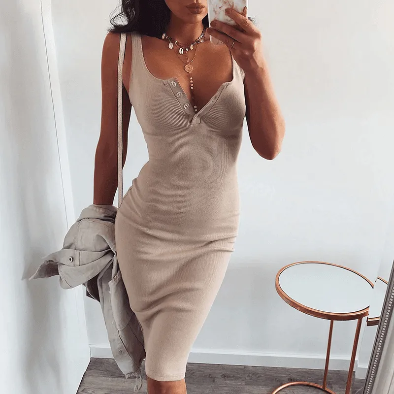 Knitted Elastic V-Neck Button Sleeveless Knee-Length Slim Dress