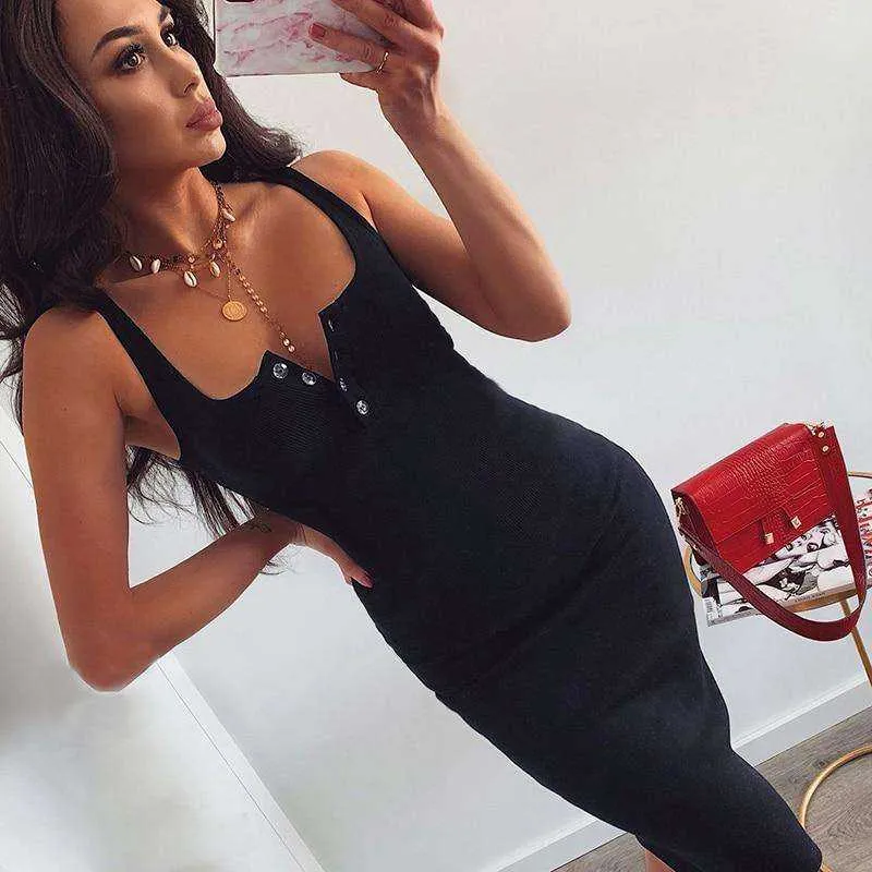 Knitted Elastic V-Neck Button Sleeveless Knee-Length Slim Dress