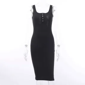 Knitted Elastic V-Neck Button Sleeveless Knee-Length Slim Dress