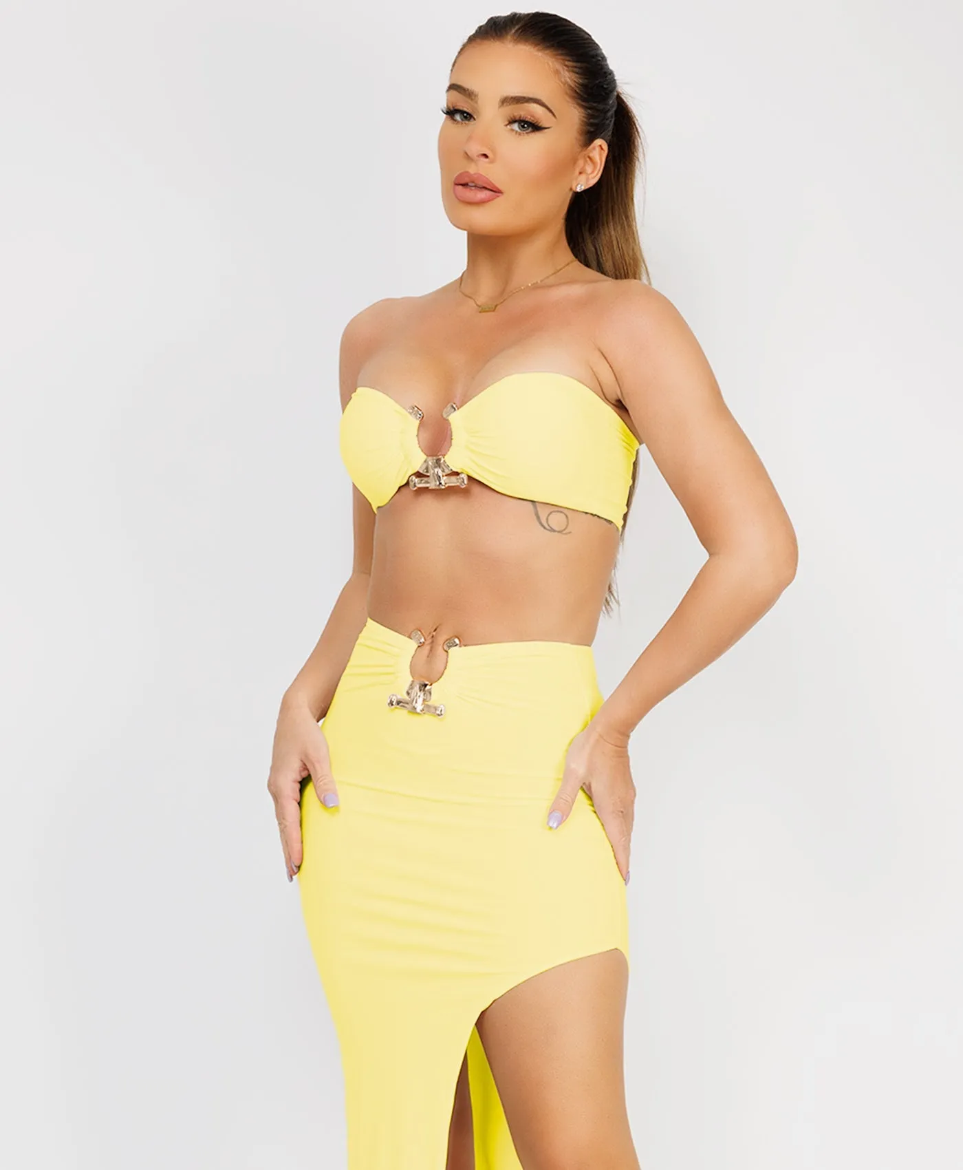 Lemon Maxi Skirt Bandeau Co Ord With Gold Buckle