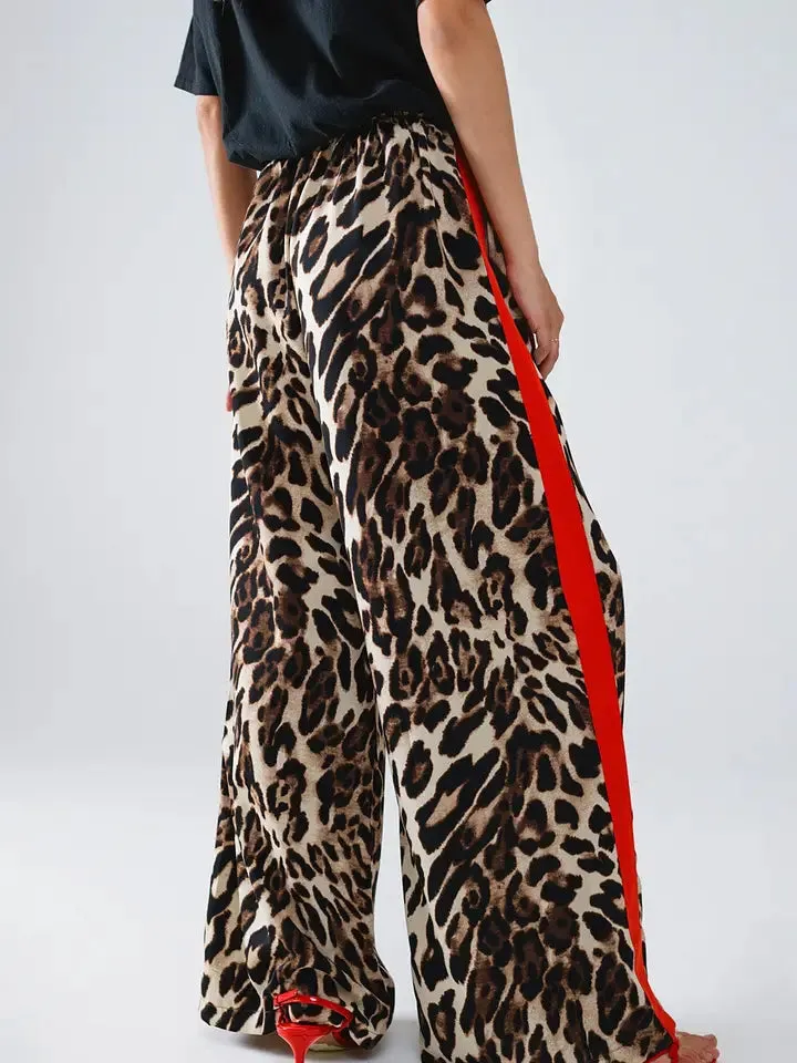 Leopard Straight Pants with Red Stripes Down the Sides