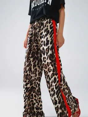 Leopard Straight Pants with Red Stripes Down the Sides