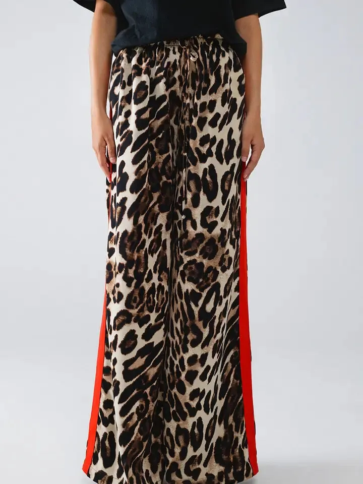 Leopard Straight Pants with Red Stripes Down the Sides