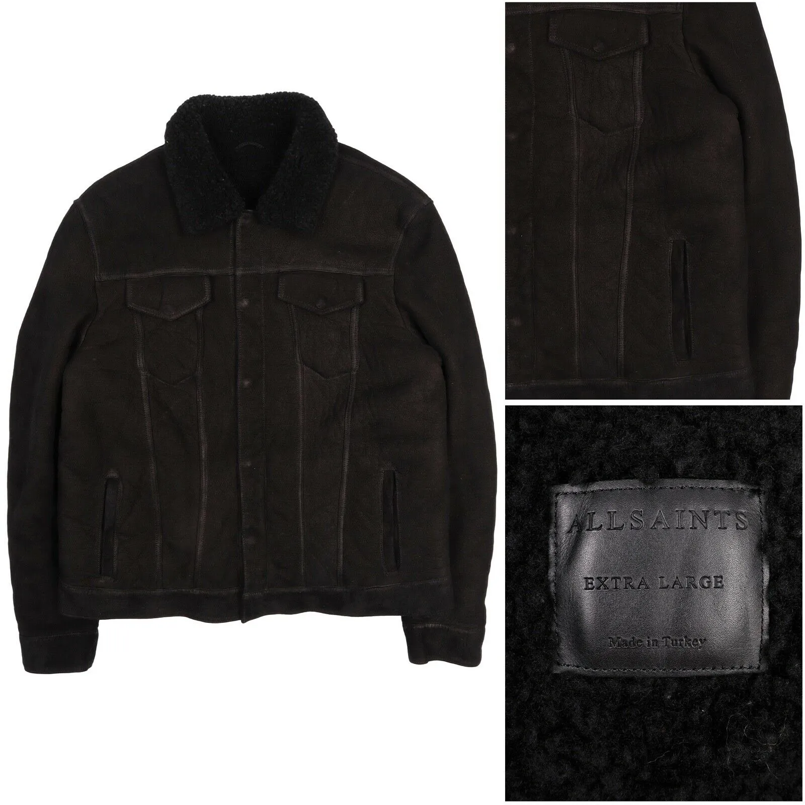 Men's ALLSAINTS Black Shearling Leather Sherpa Trucker Sheepskin Jacket Size XL