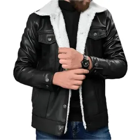 Men's Black Shearling Leather Aviator Jacket - Warm & Stylish