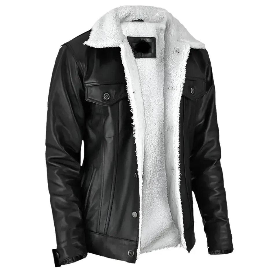 Men's Black Shearling Leather Aviator Jacket - Warm & Stylish