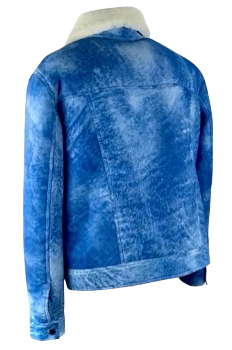 Men's Distressed Blue Denim shearling Jacket Style # 2023