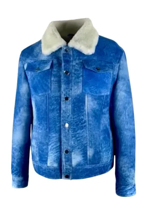Men's Distressed Blue Denim shearling Jacket Style # 2023