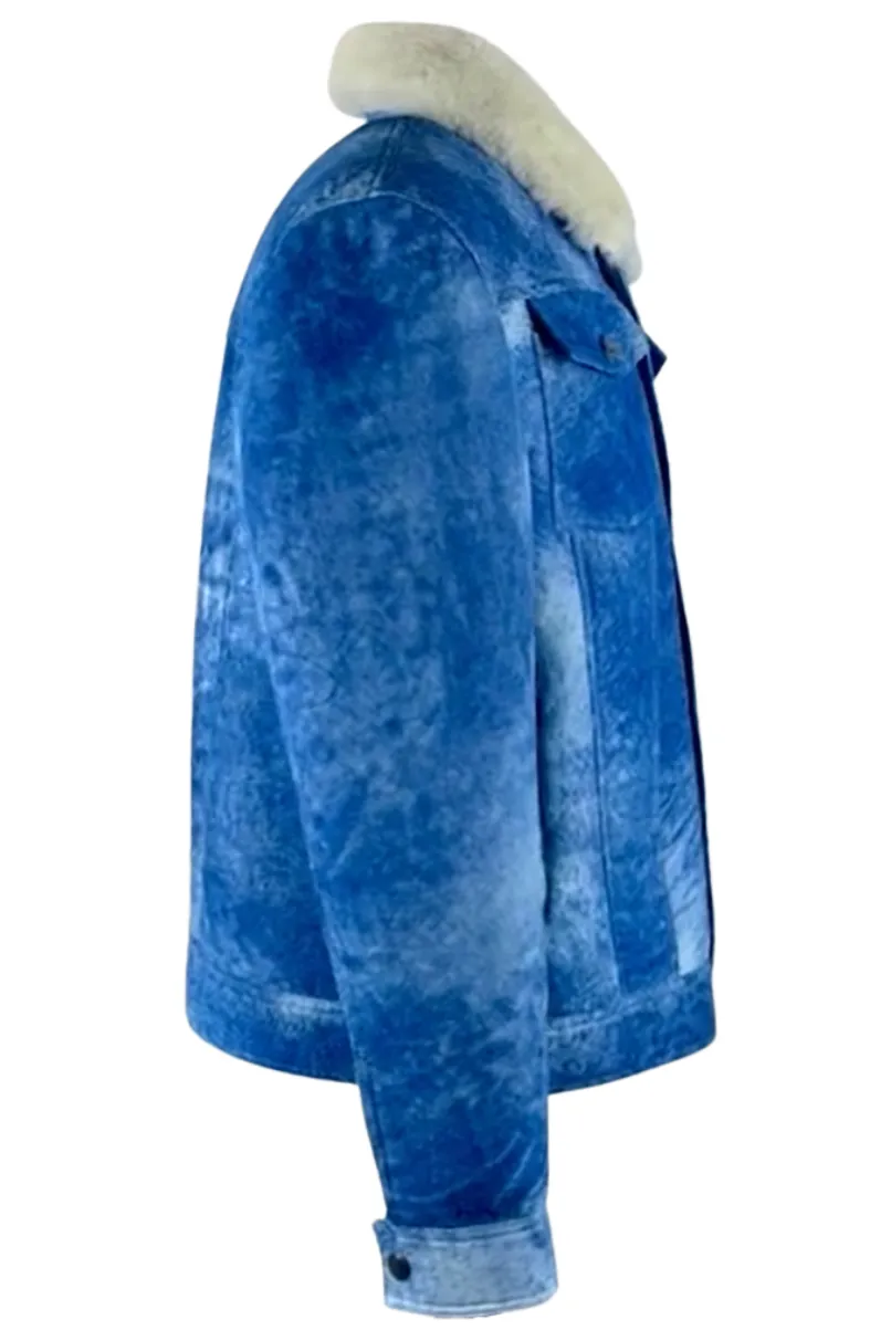 Men's Distressed Blue Denim shearling Jacket Style # 2023
