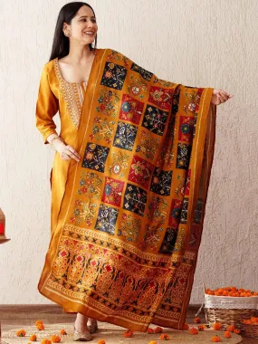 Mustard Yoke Design Silk Blend Straight Suit With Dupatta