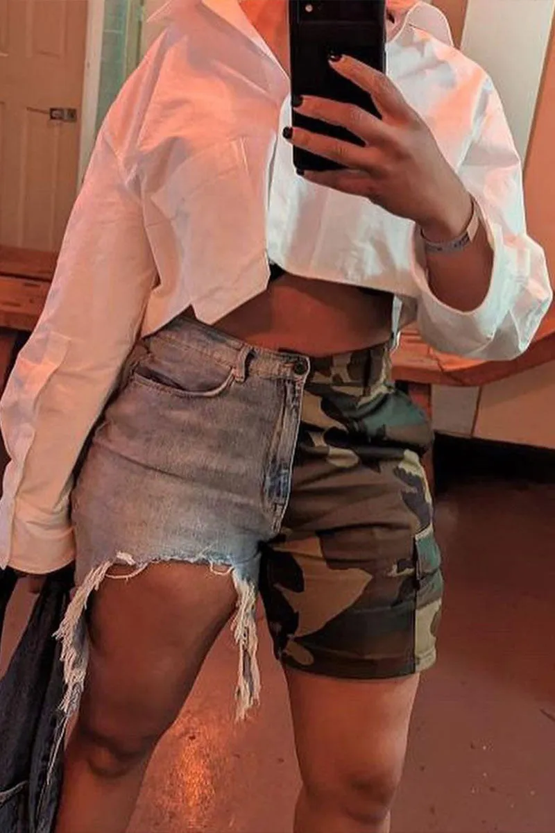PE532 Camo Mixed Denim Shorts