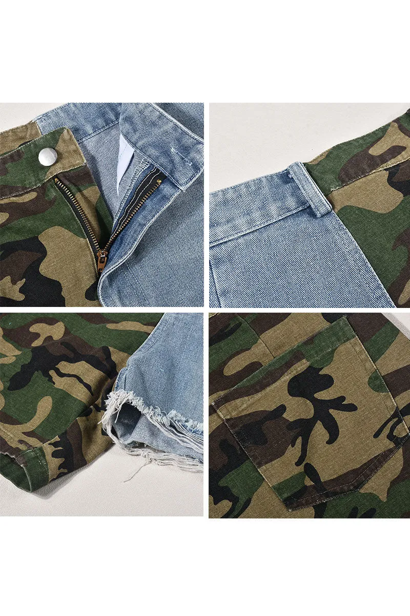 PE532 Camo Mixed Denim Shorts