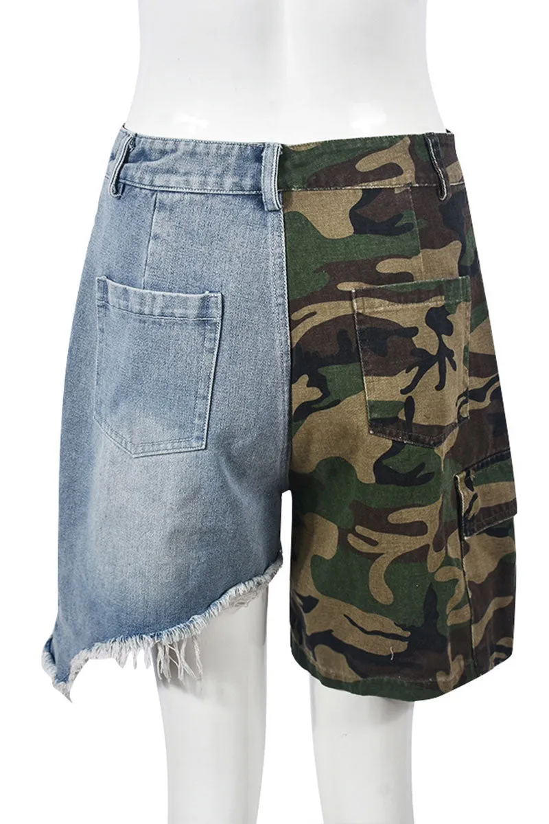 PE532 Camo Mixed Denim Shorts