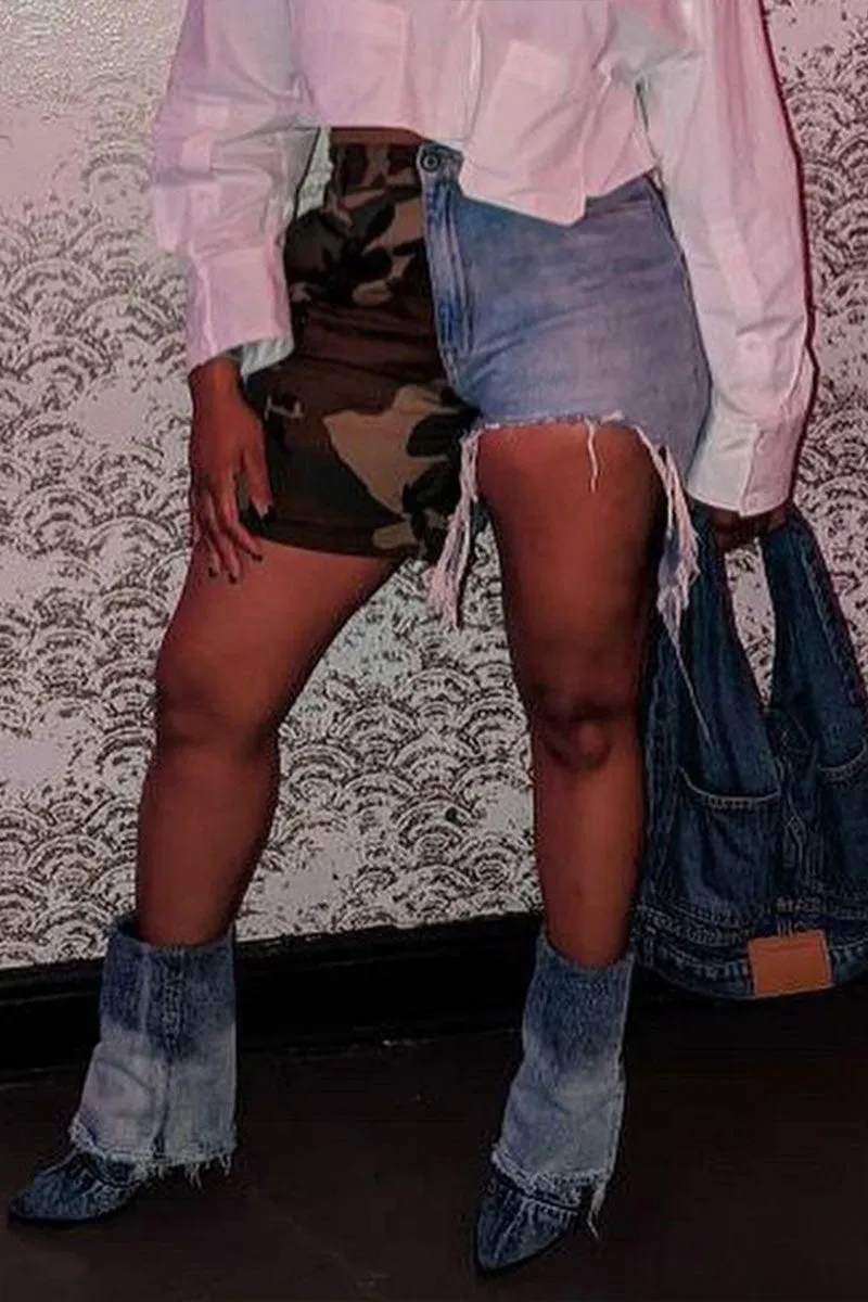 PE532 Camo Mixed Denim Shorts
