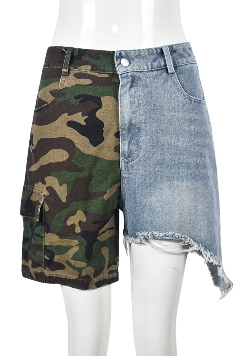 PE532 Camo Mixed Denim Shorts
