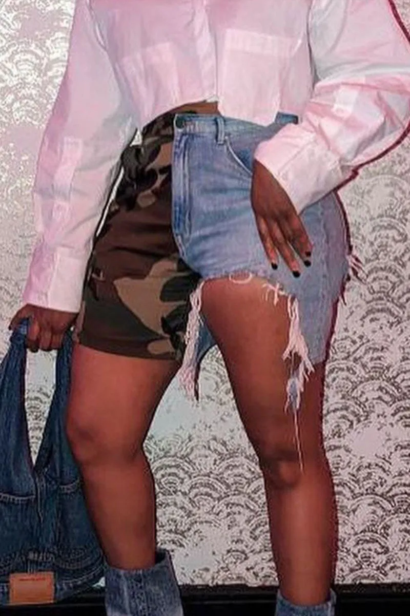 PE532 Camo Mixed Denim Shorts