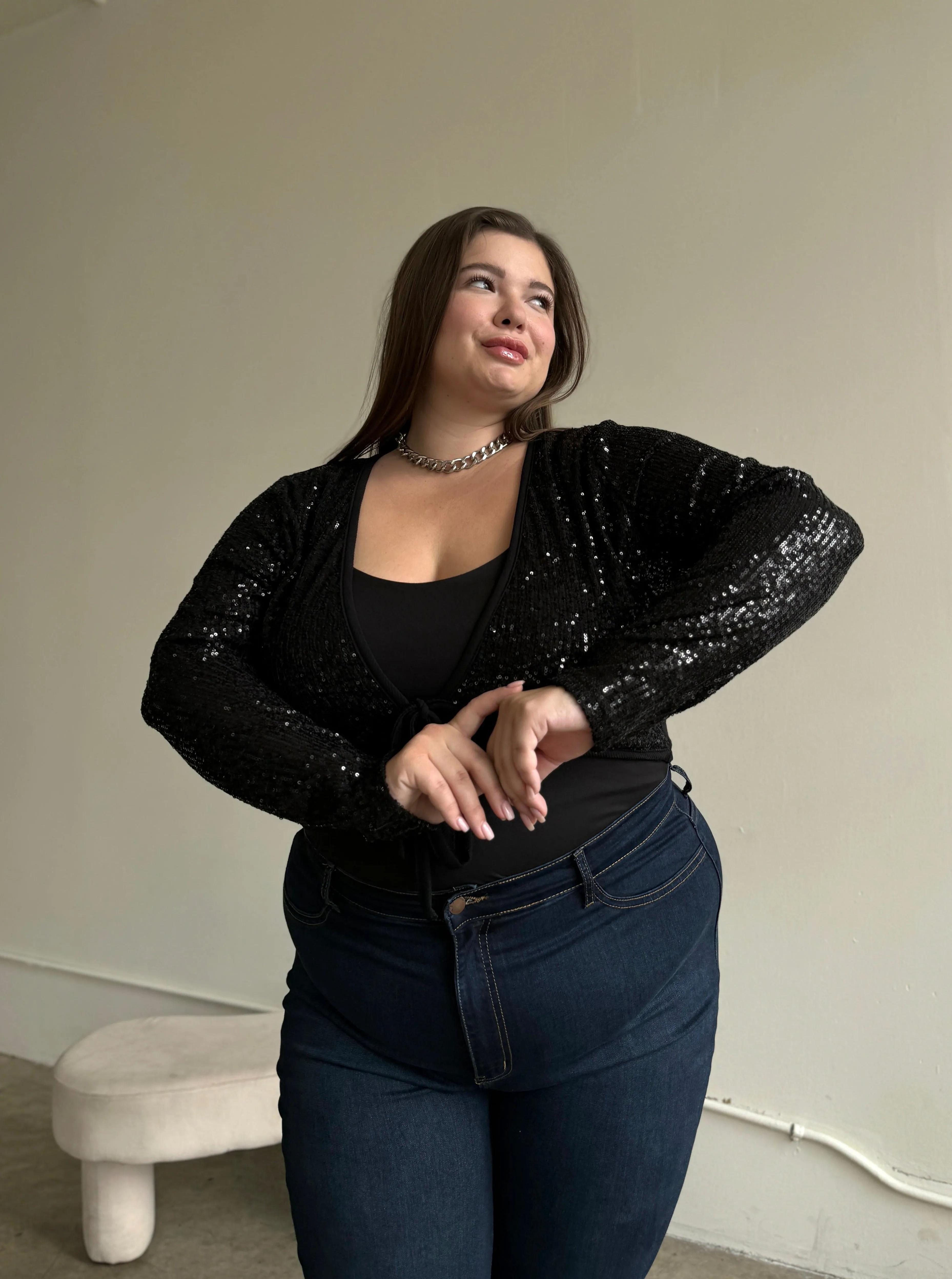 Plus Size Sparkly Sequin Tie Front Top