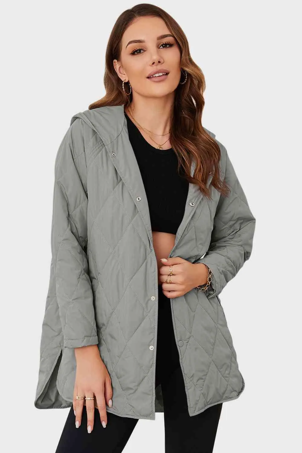 Quilted Hooded Snap Button Jacket