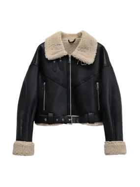 Shearling Lined PU Leather Jacket - Women's Faux Fur Moto Coat