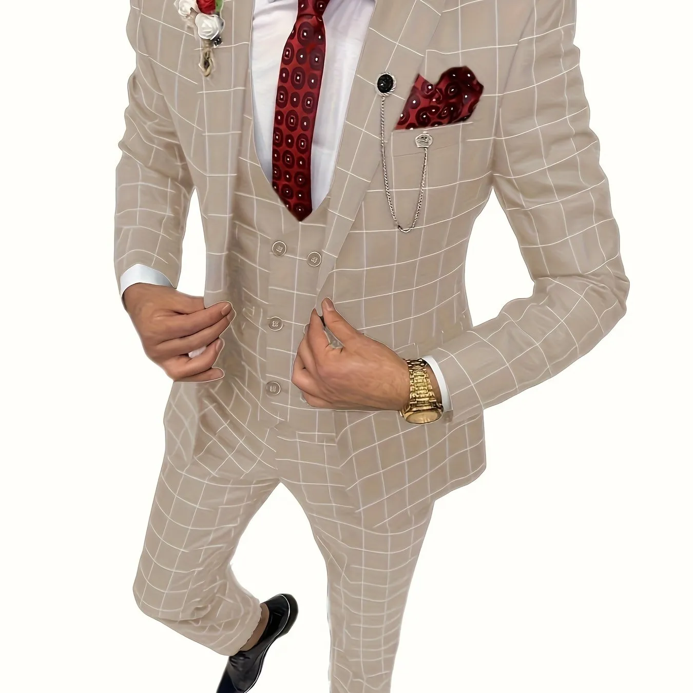 [Slim Fit Double Breasted Tuxedo] Mens Suit Plaid Tuxedos Business Suits Slim Fit Double Breasted