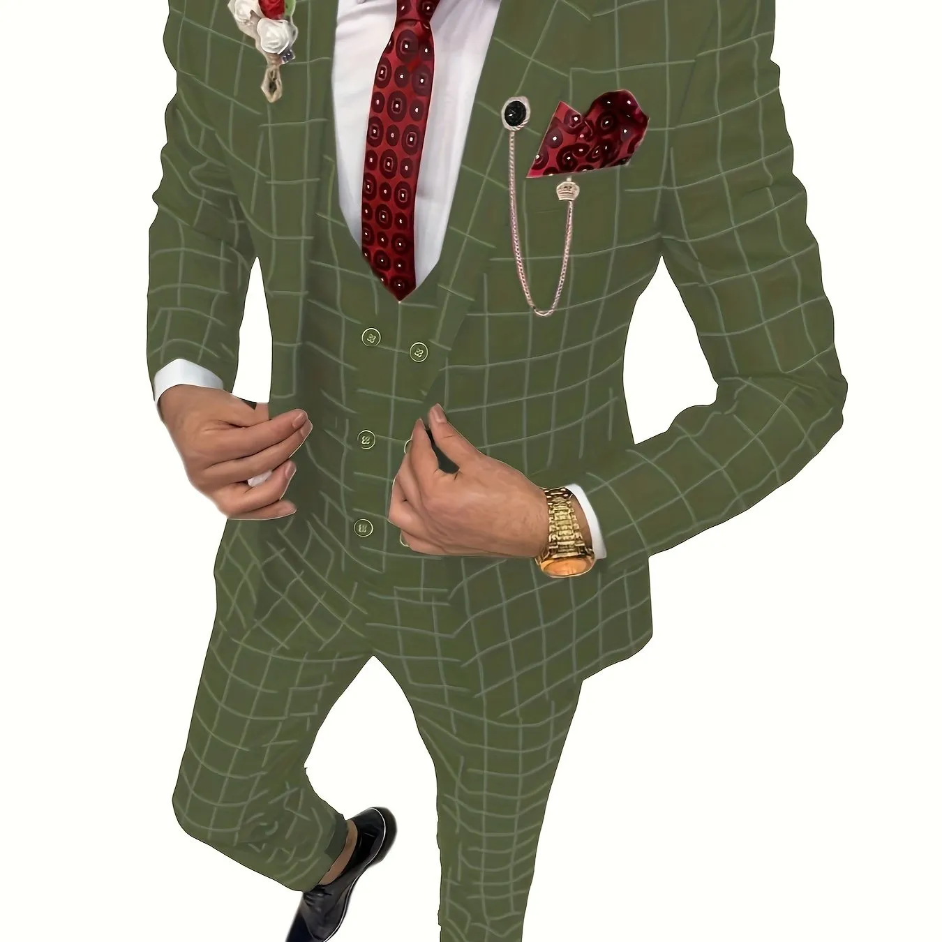 [Slim Fit Double Breasted Tuxedo] Mens Suit Plaid Tuxedos Business Suits Slim Fit Double Breasted