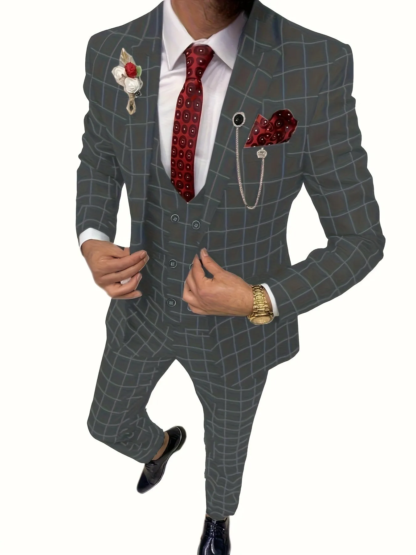 [Slim Fit Double Breasted Tuxedo] Mens Suit Plaid Tuxedos Business Suits Slim Fit Double Breasted