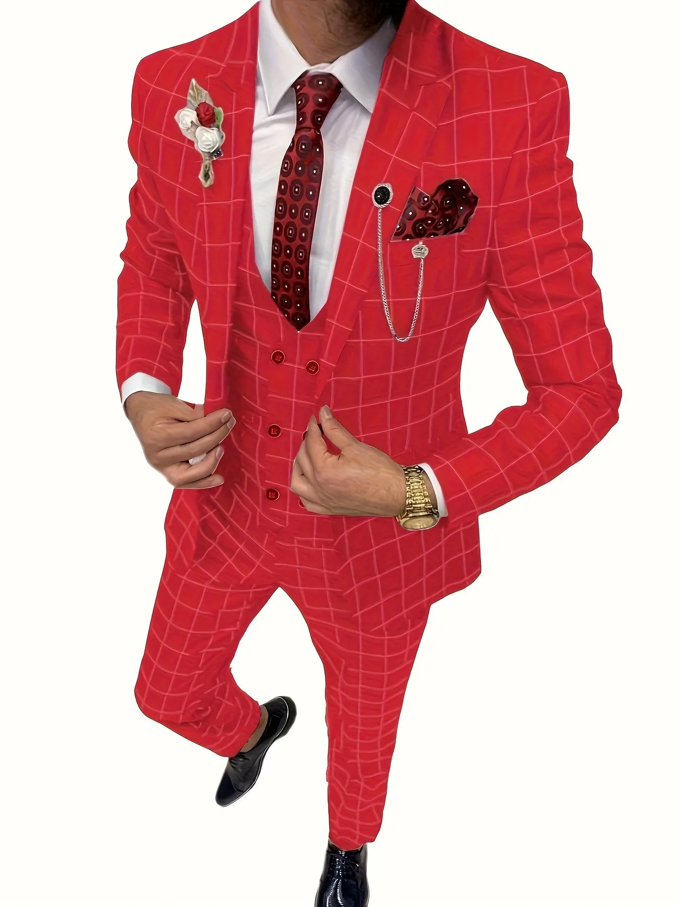 [Slim Fit Double Breasted Tuxedo] Mens Suit Plaid Tuxedos Business Suits Slim Fit Double Breasted