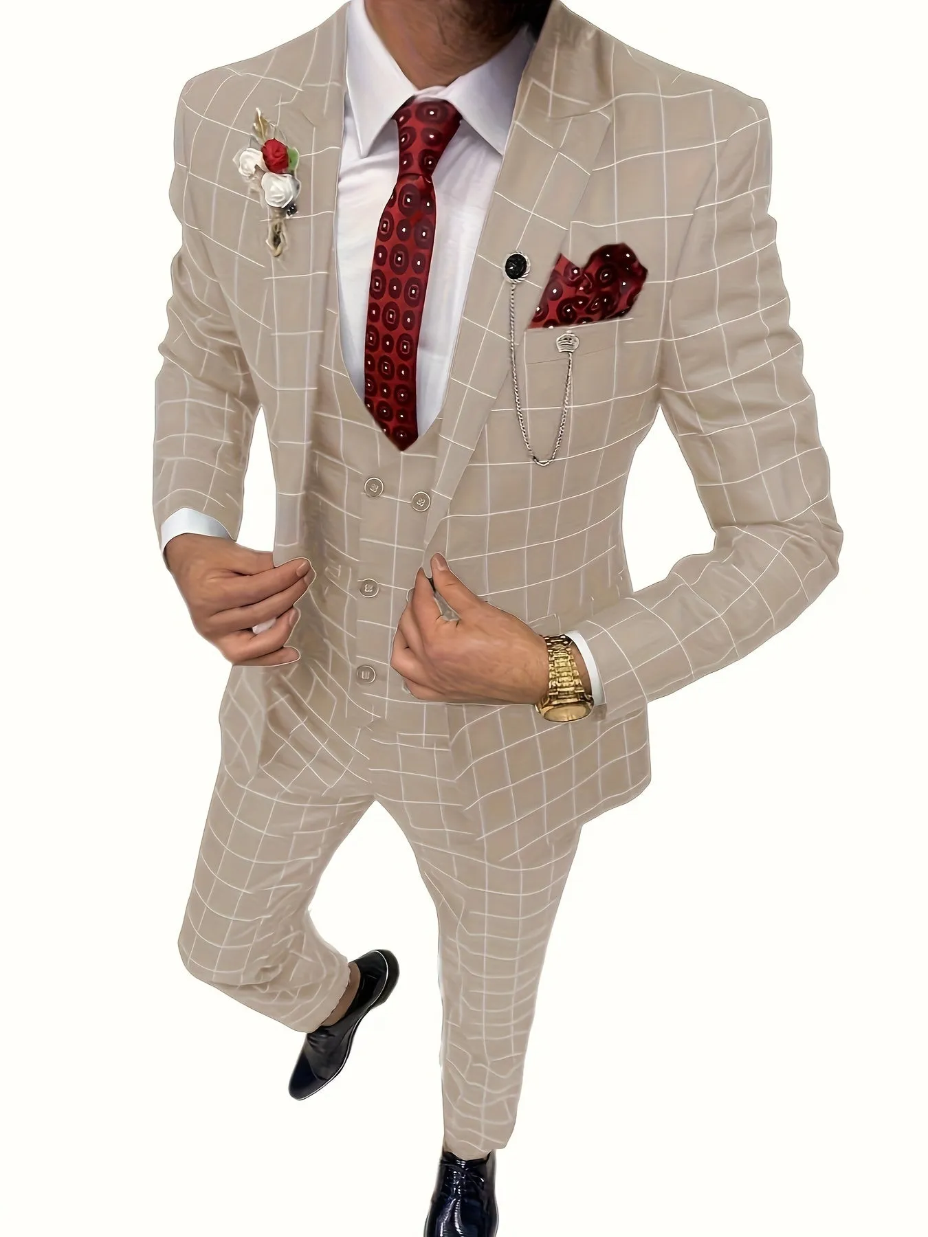 [Slim Fit Double Breasted Tuxedo] Mens Suit Plaid Tuxedos Business Suits Slim Fit Double Breasted