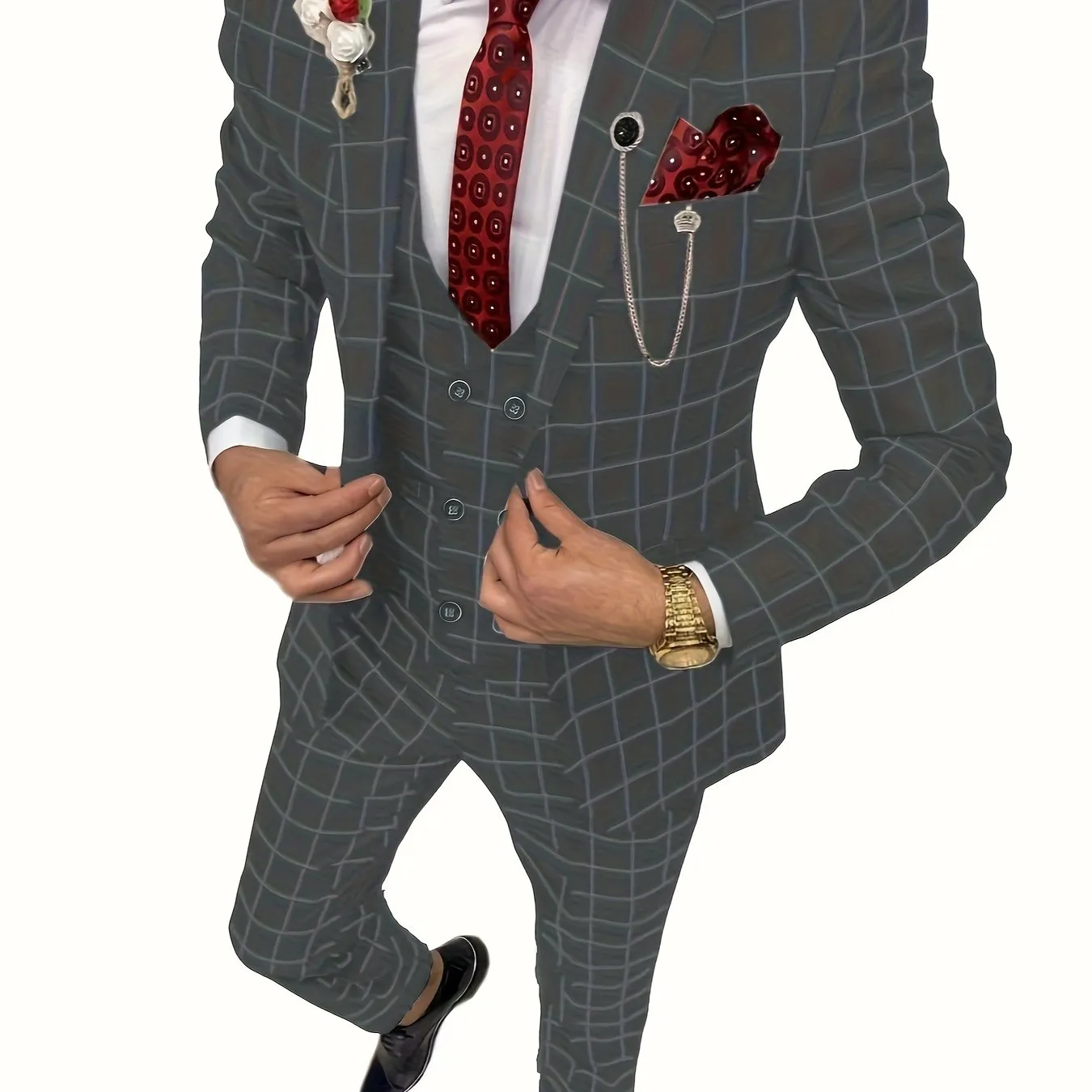 [Slim Fit Double Breasted Tuxedo] Mens Suit Plaid Tuxedos Business Suits Slim Fit Double Breasted