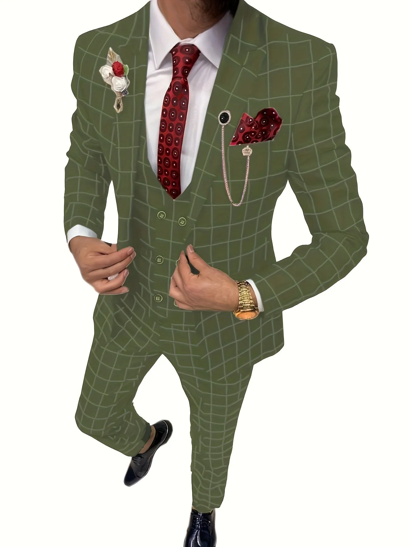 [Slim Fit Double Breasted Tuxedo] Mens Suit Plaid Tuxedos Business Suits Slim Fit Double Breasted