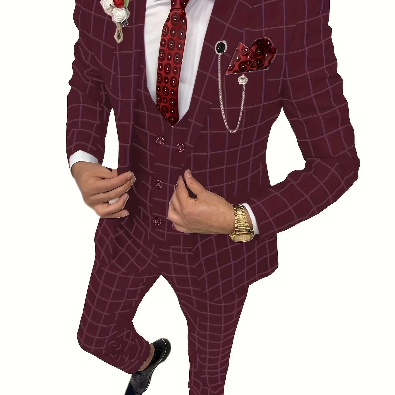 [Slim Fit Double Breasted Tuxedo] Mens Suit Plaid Tuxedos Business Suits Slim Fit Double Breasted