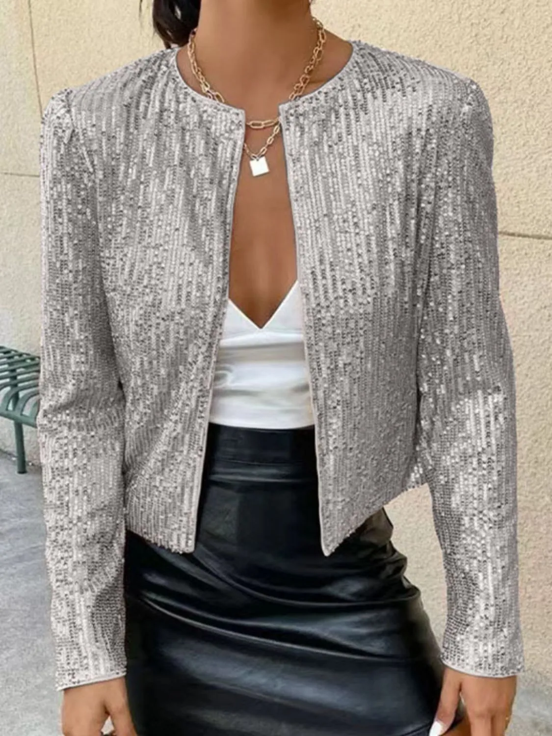 Sparkly Sequin Open Front Cropped Jacket