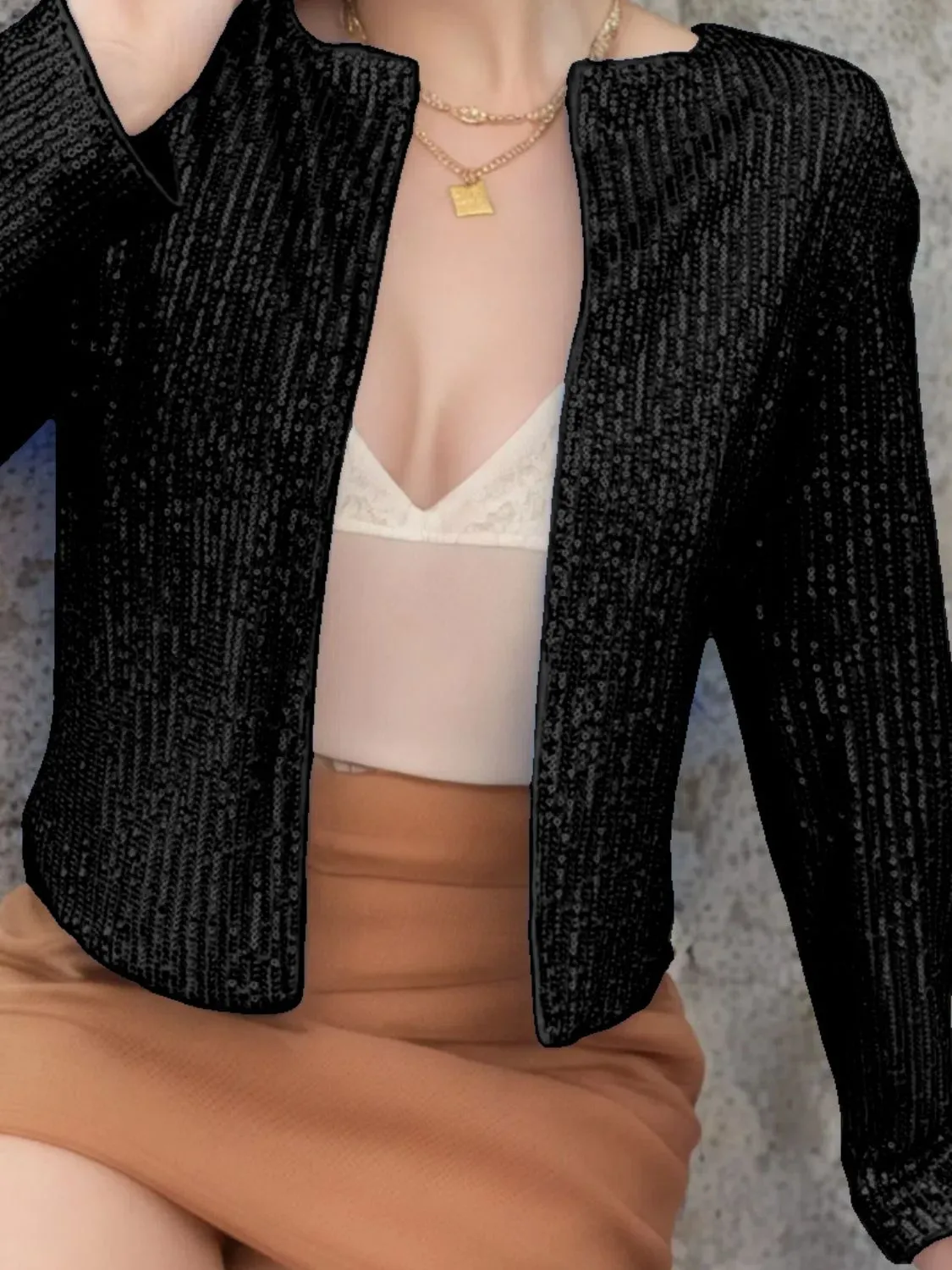 Sparkly Sequin Open Front Cropped Jacket