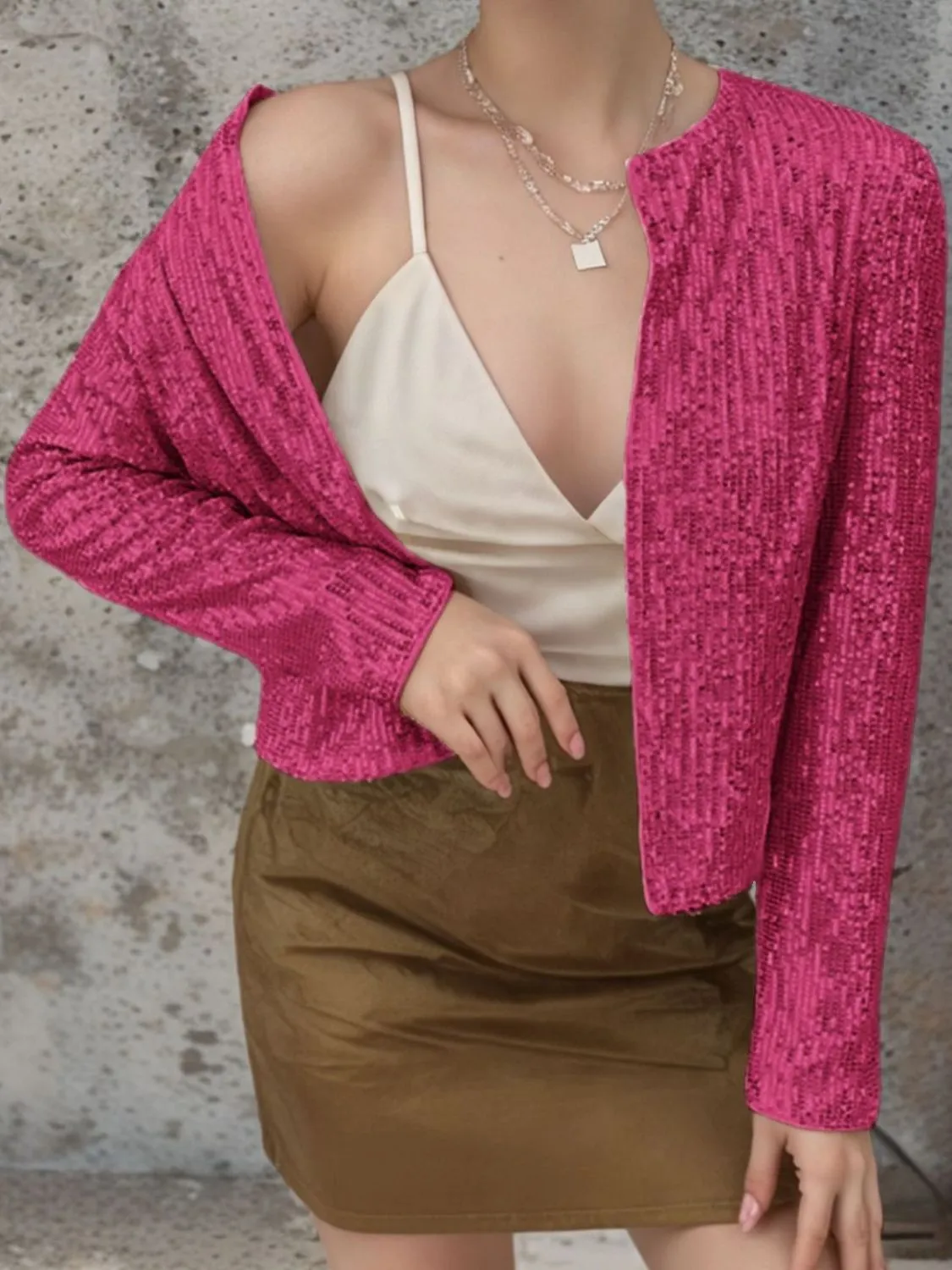 Sparkly Sequin Open Front Cropped Jacket