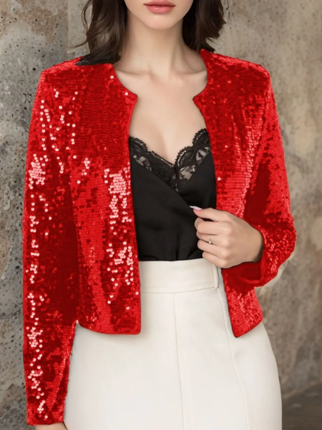 Sparkly Sequin Open Front Cropped Jacket