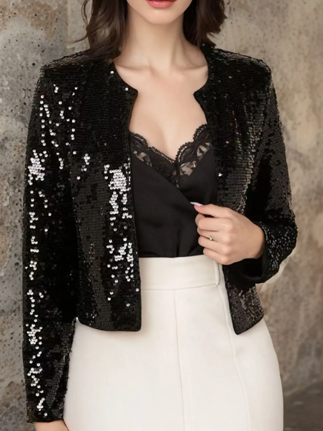Sparkly Sequin Open Front Cropped Jacket