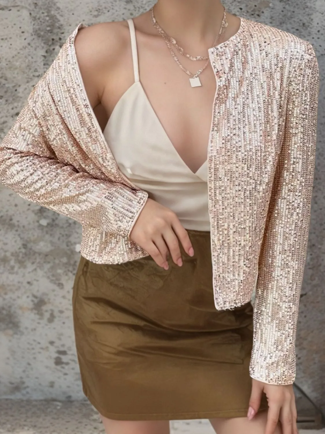 Sparkly Sequin Open Front Cropped Jacket