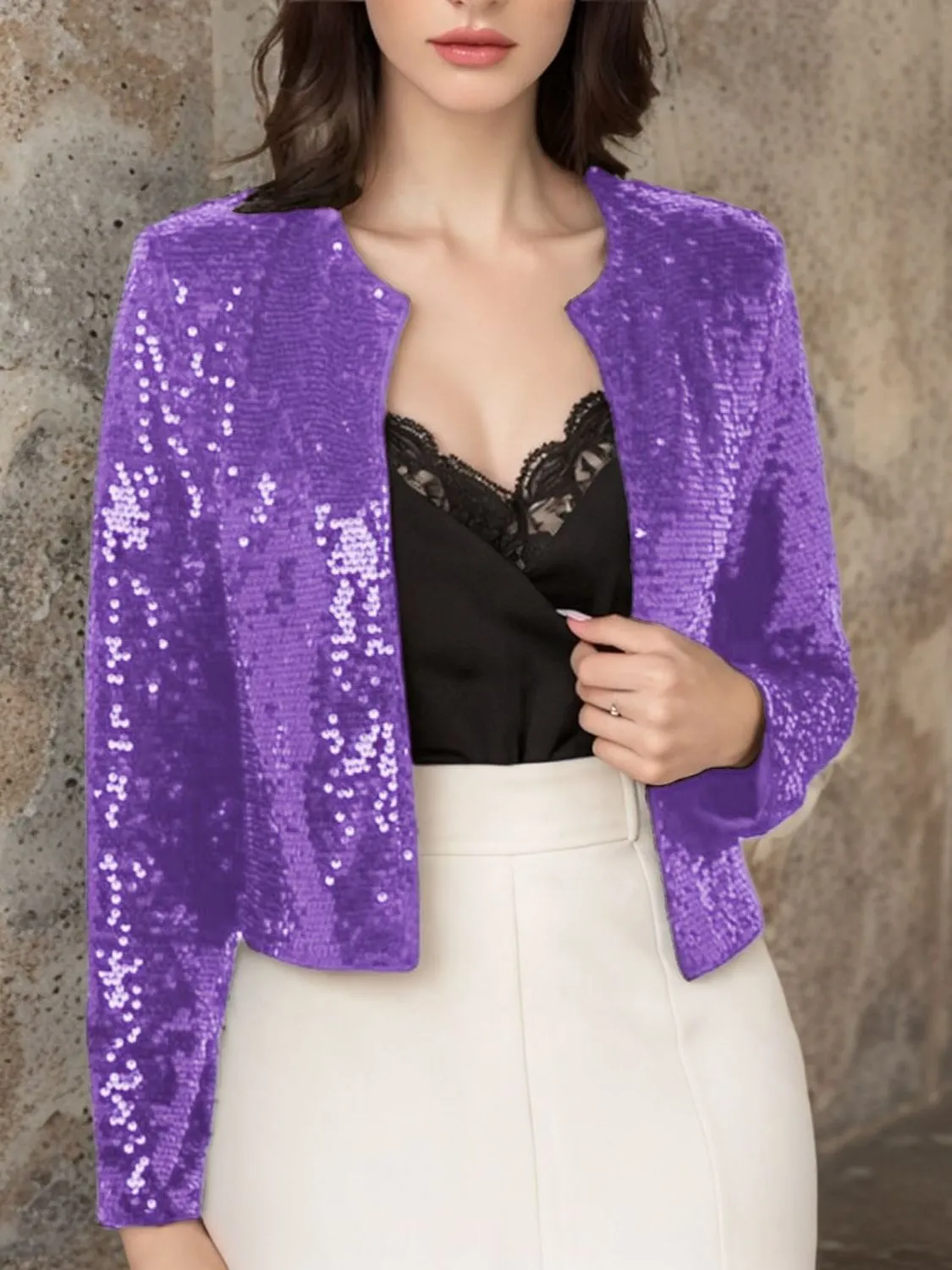 Sparkly Sequin Open Front Cropped Jacket