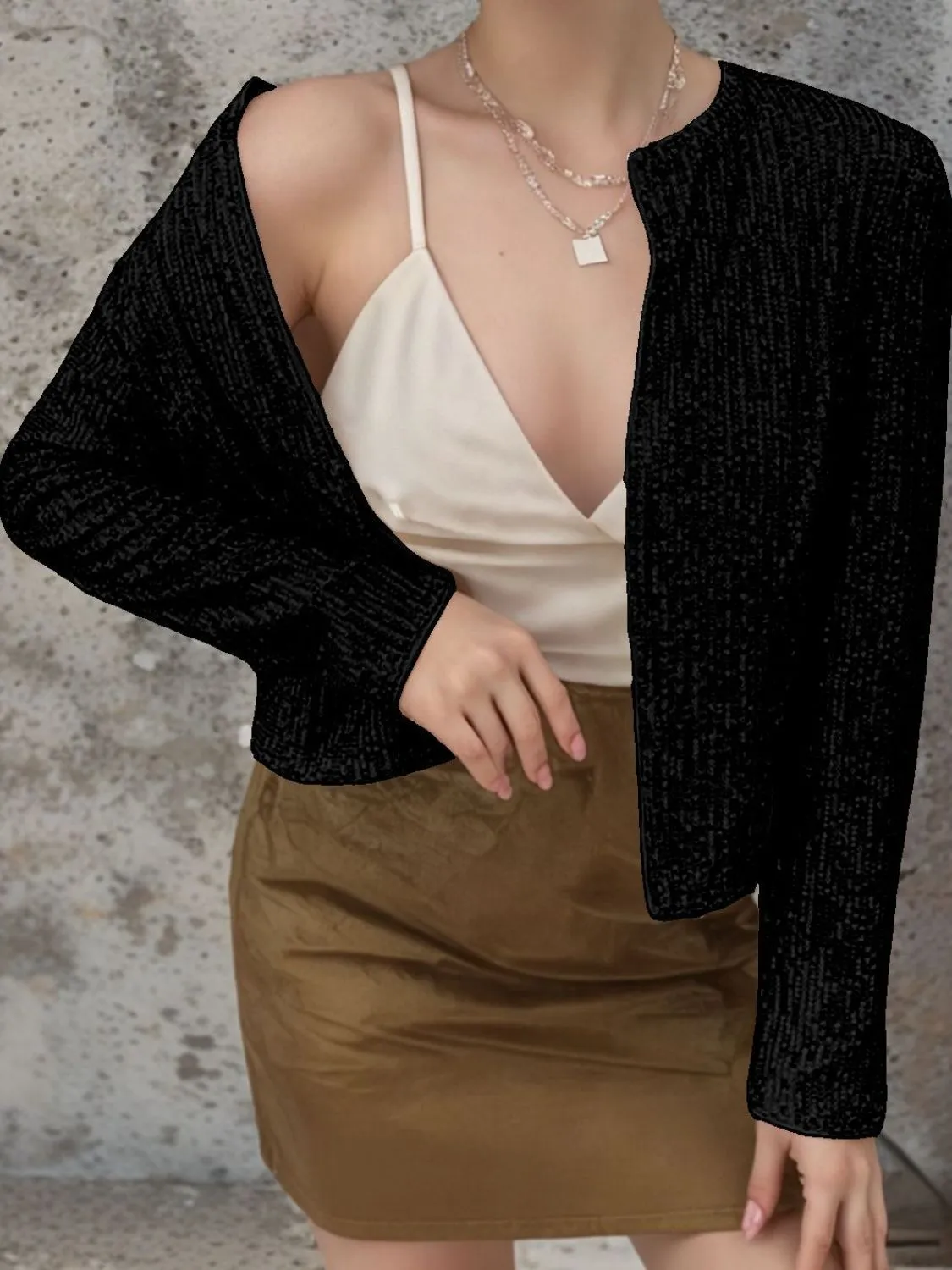 Sparkly Sequin Open Front Cropped Jacket