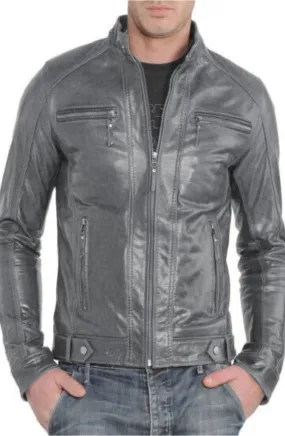 Srim Genuine Biker Motorcycle Leather Jacket Men Grey