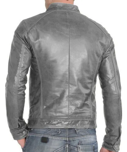 Srim Genuine Biker Motorcycle Leather Jacket Men Grey