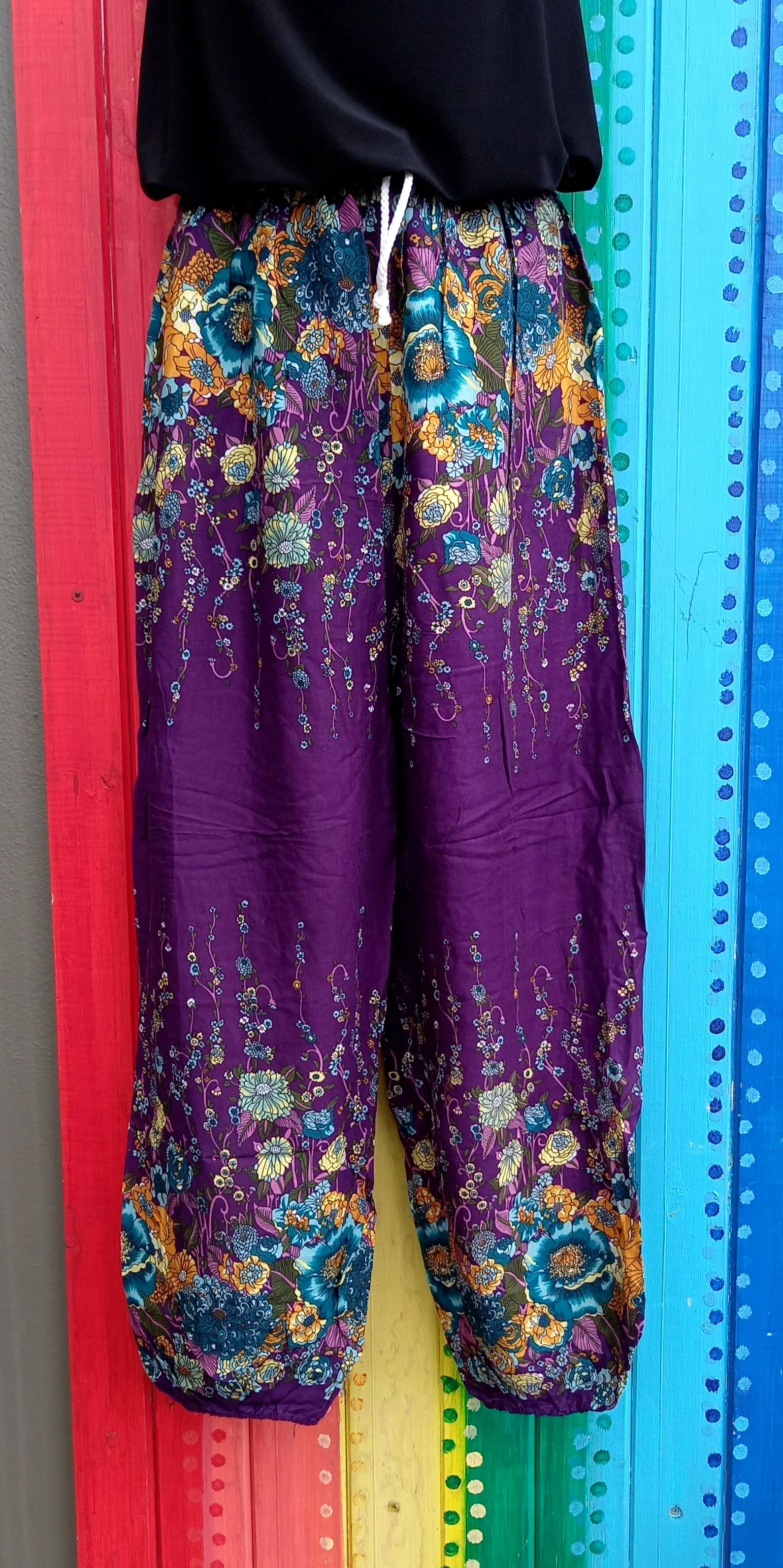 Thai Hippie Pants with Drawstring - Floral