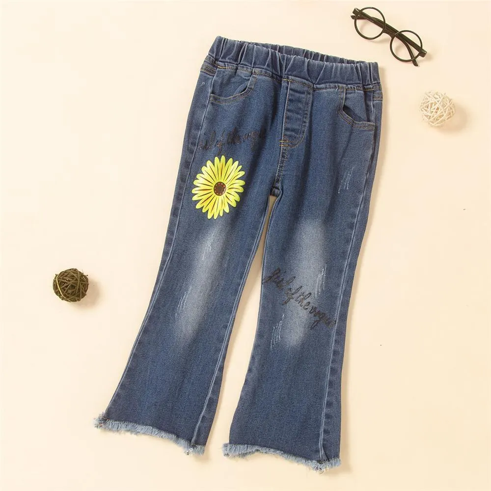 Toddler Girls Letter Flower Casual Flared Jeans Girls Clothes Wholesale
