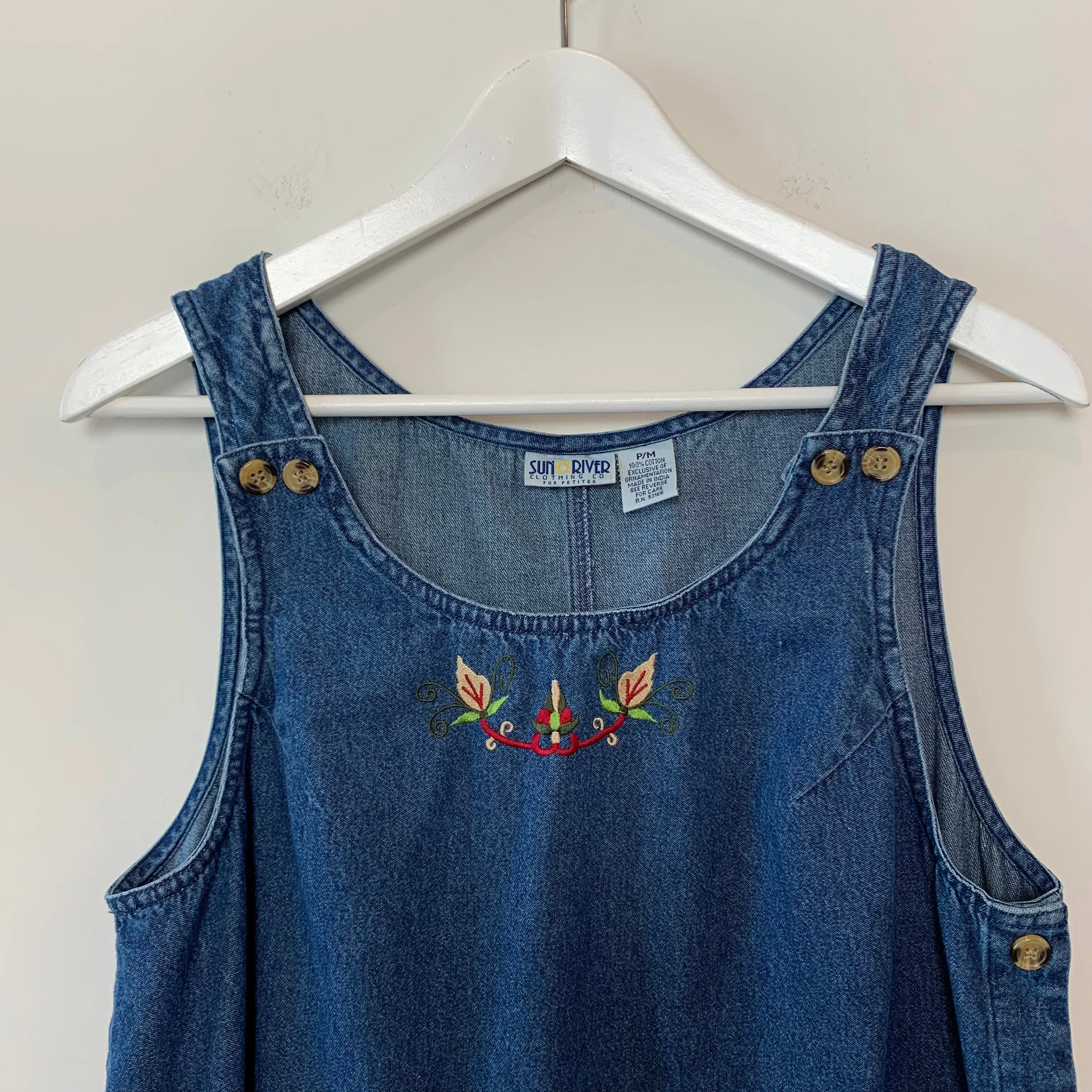 Vintage 1990s Sun River Clothing Co Denim Maxi Dress Embroidered Medium Petite