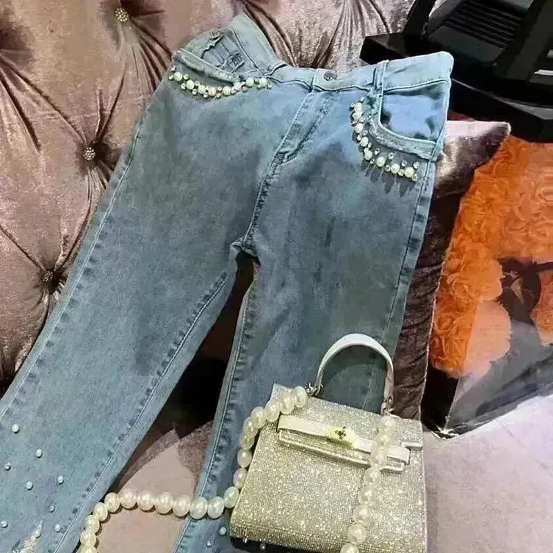Women's Heavy Industry Beads Sequined Jeans Trouser