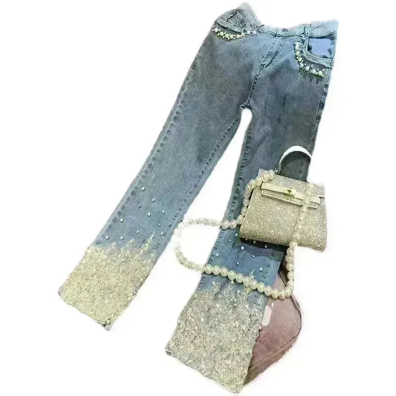 Women's Heavy Industry Beads Sequined Jeans Trouser