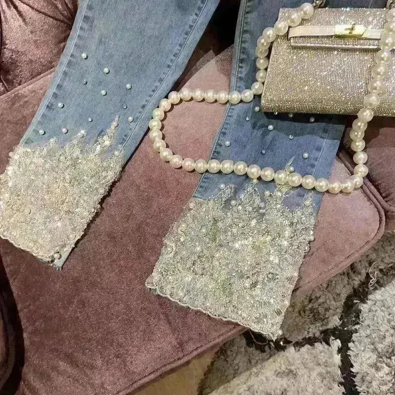 Women's Heavy Industry Beads Sequined Jeans Trouser