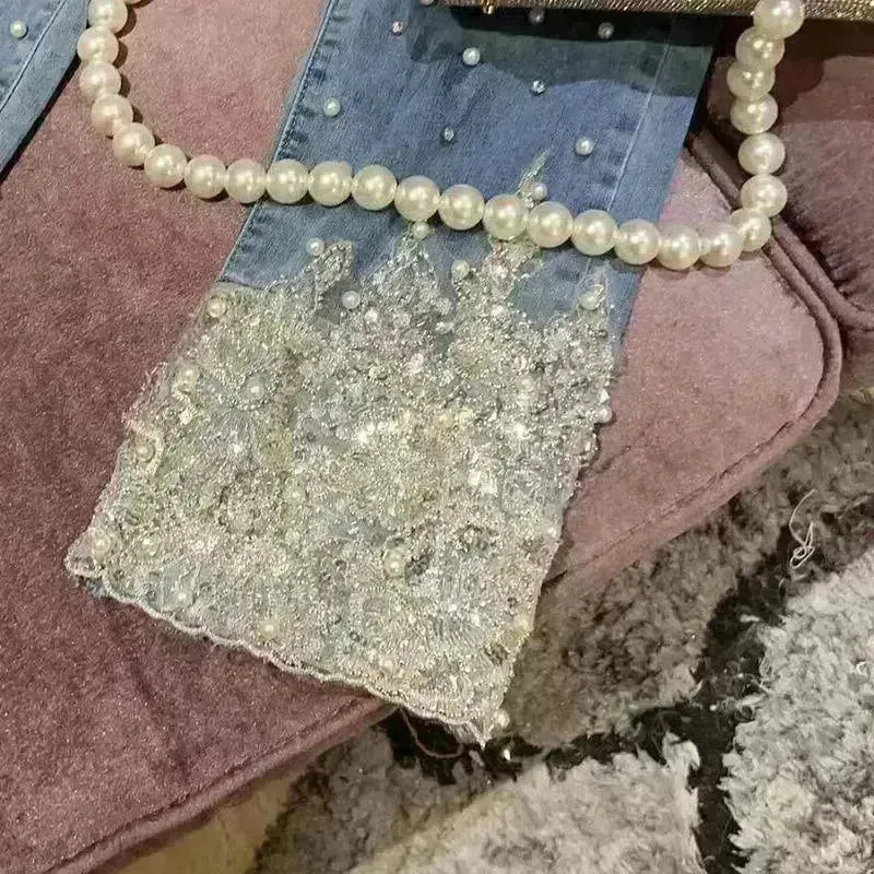 Women's Heavy Industry Beads Sequined Jeans Trouser