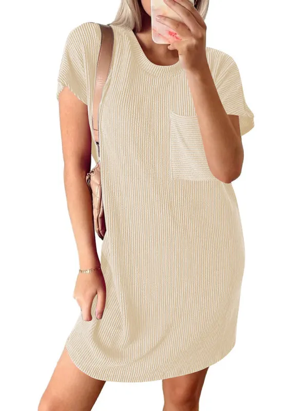 Women’s Short Sleeve Striped Midi Dress with Pocket